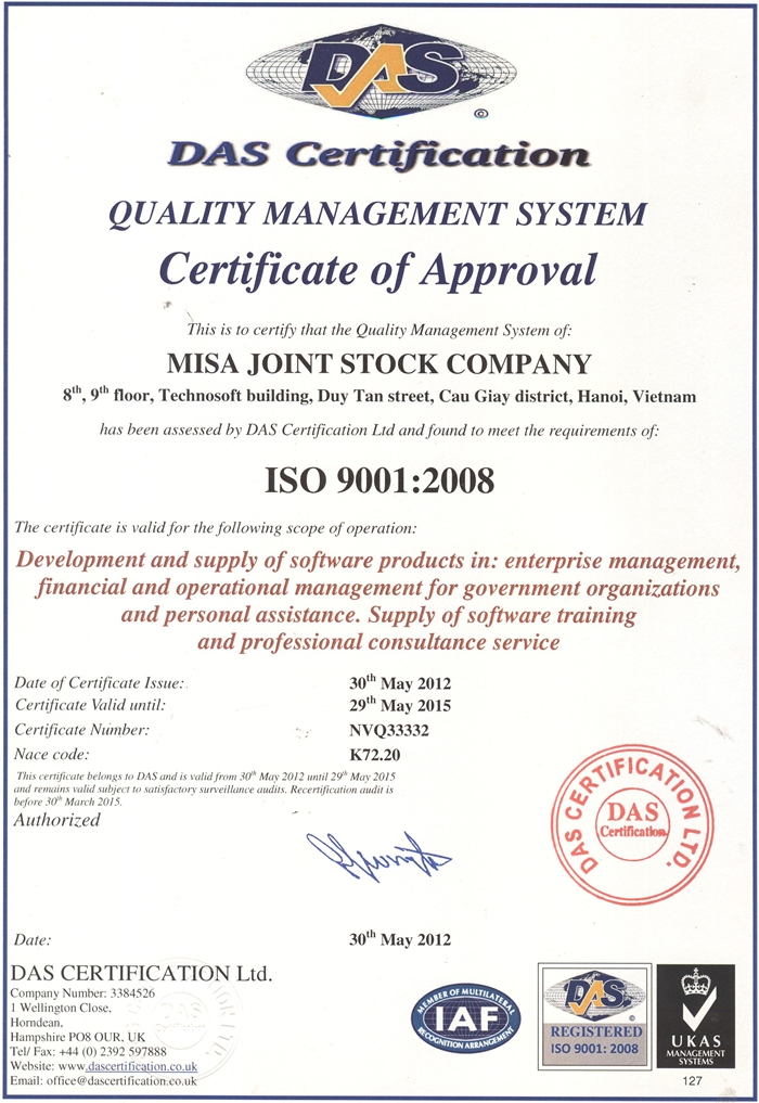 MISA đạt chuẩn ISO 9001: 2008